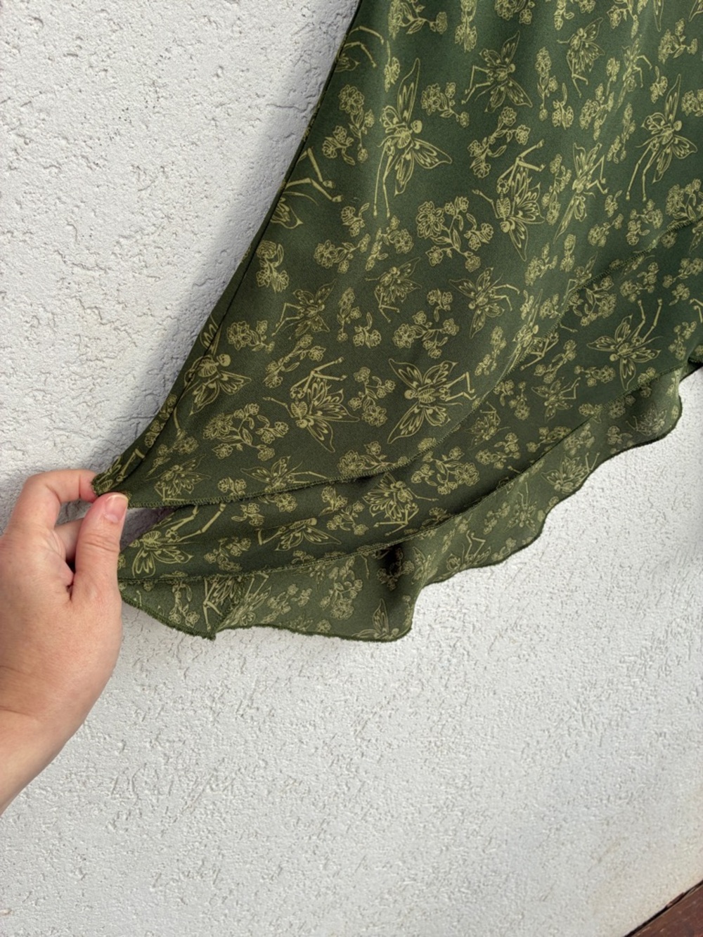 Thorn & Fable Olive Green Asymmetrical Skirt with winged skeletons & flowers - Picture 4 of 8